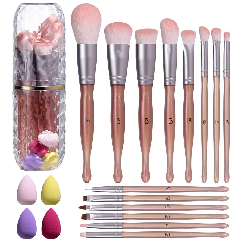 14-Piece Water-Drop Shaped Makeup Brush Set Orange-Pink Palm-Friendly Design for Accurate Application No Tools Required
