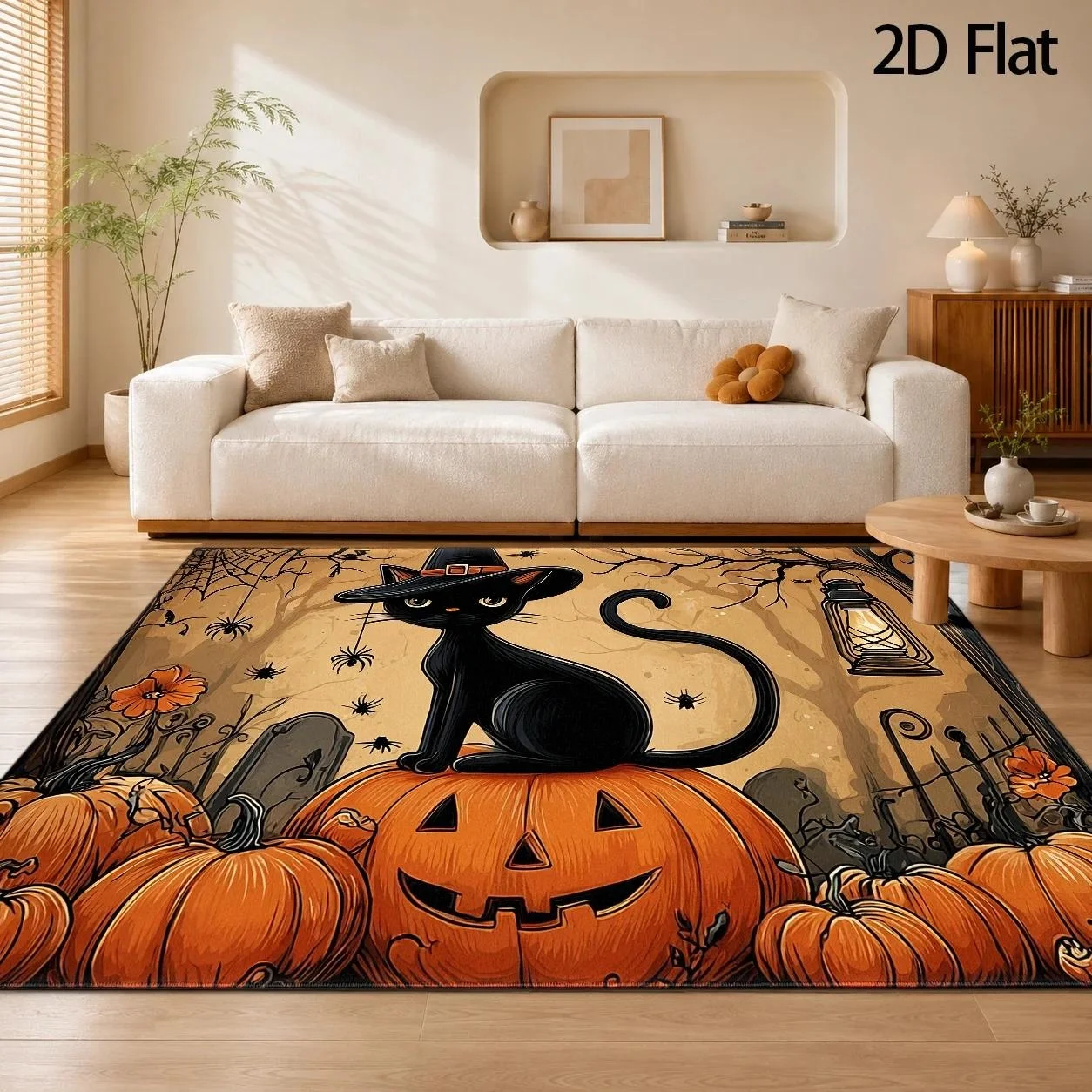 Cartoon Black Cat Witch Hat Halloween Rectangle Area Rug,Pumpkin Spider Graveyard Printed Floor Carpet,Spooky Living Room