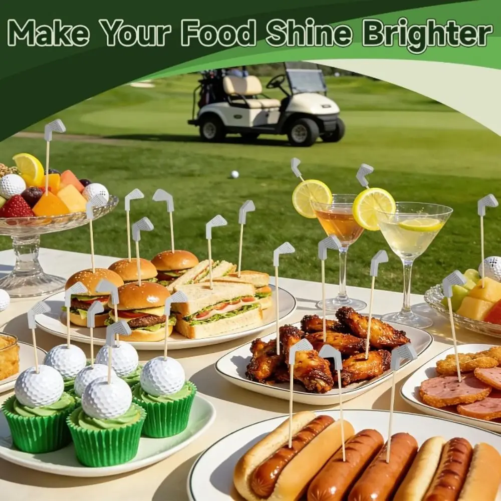 100 Stück/Set Holz-Einweg-Golf-Cocktailspieße im Golfschläger-Design, umweltfreundliche Golf-Zahnstocher für Kuchen- und Dessertdekoration