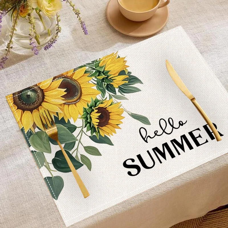 5PCS Spring Summer Floral Sunflower Table Runner Placemat Set 2026 Heat Resistant Dining Table Decor for Kitchen Restaurant