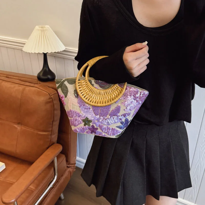 Summer Bucket Bag Sequin Flower Embroidery Straw Woven Bags Round Rattan Large Casual Tote Bag Vacation Bamboo Beach Handbag