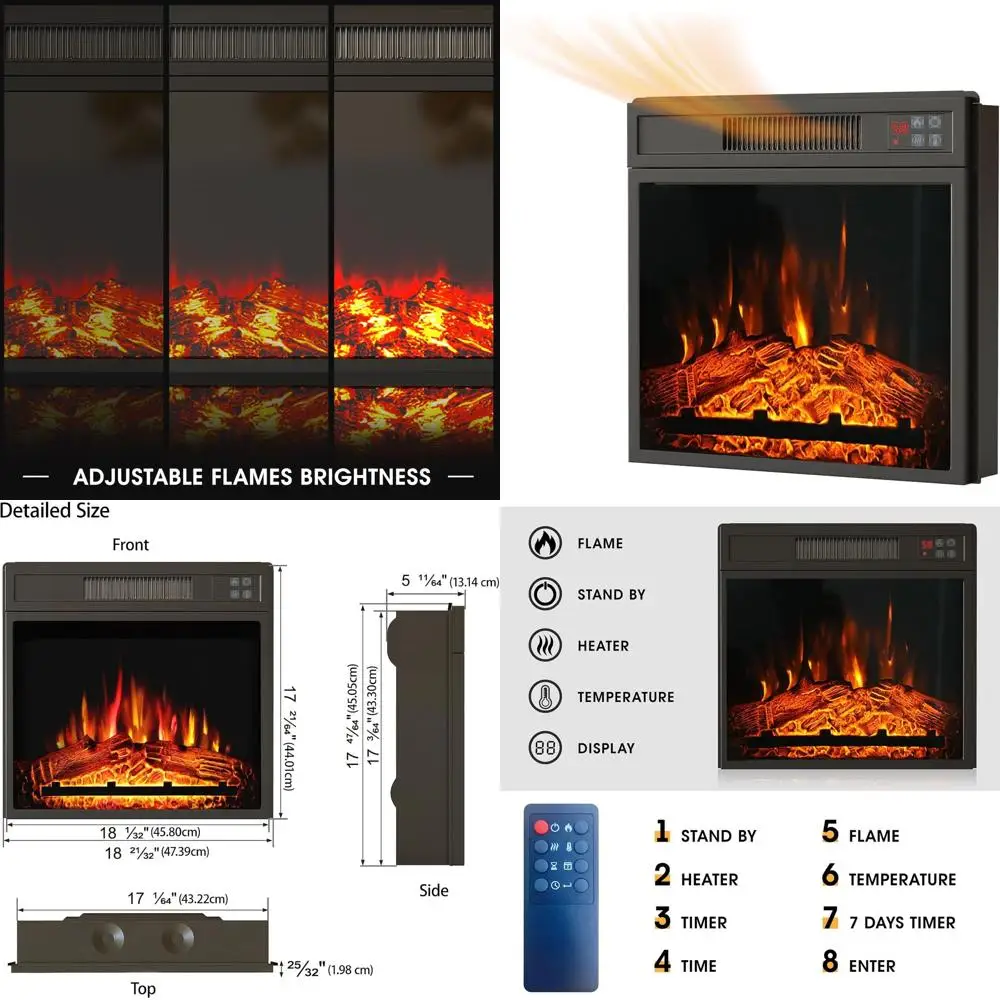 

18-летняя электрическая каминная вставка с пультом дистанционного управления, таймером, сенсорным экраном, регулируемым пламенем, 18,6 л x 17,7 В