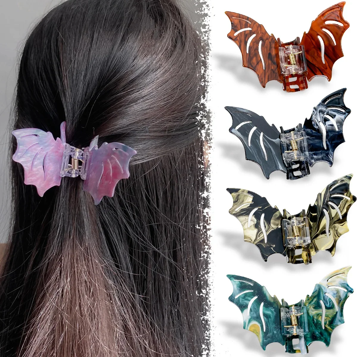 YHJ New Style Halloween Colored Bat Acrylic Hair Claw Horror Claw Clip Halloween Crab Hair Clip for Women Hair Accessories