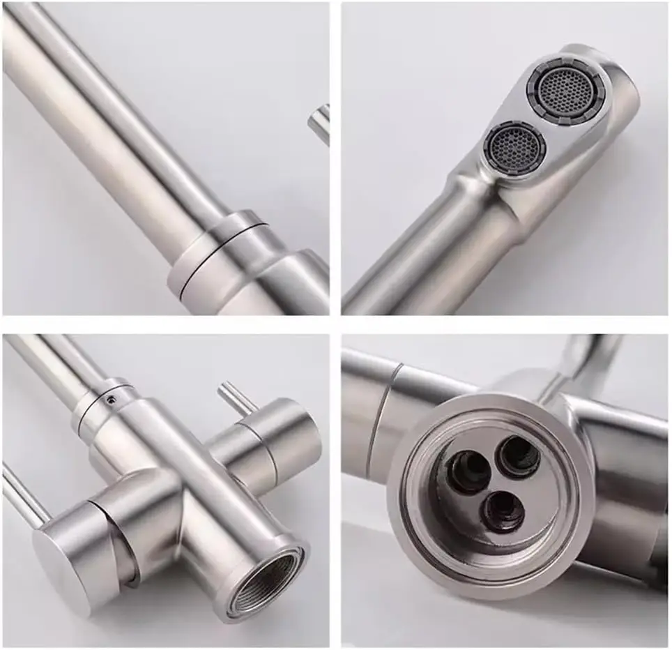 3 Way Drinking Tap Dual Handle Kitchen Sink Faucet, 3 in 1 Faucet for Water Filtration/Cold/hot Water, Stainless Steel Drinking