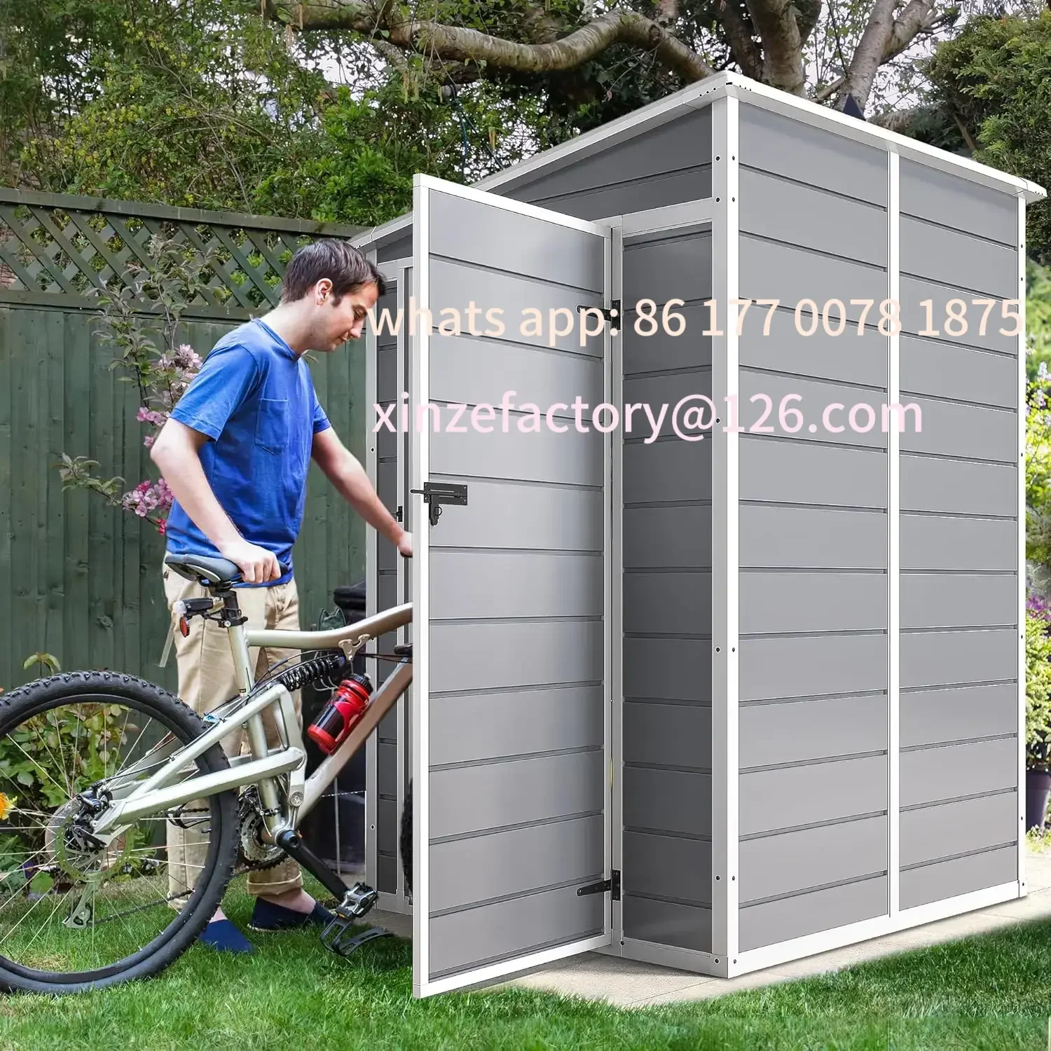 Capannone portaoggetti da esterno in resina personalizzabile con pavimento, grande capannone portaoggetti con porta e finestra con serratura, plastica impermeabile