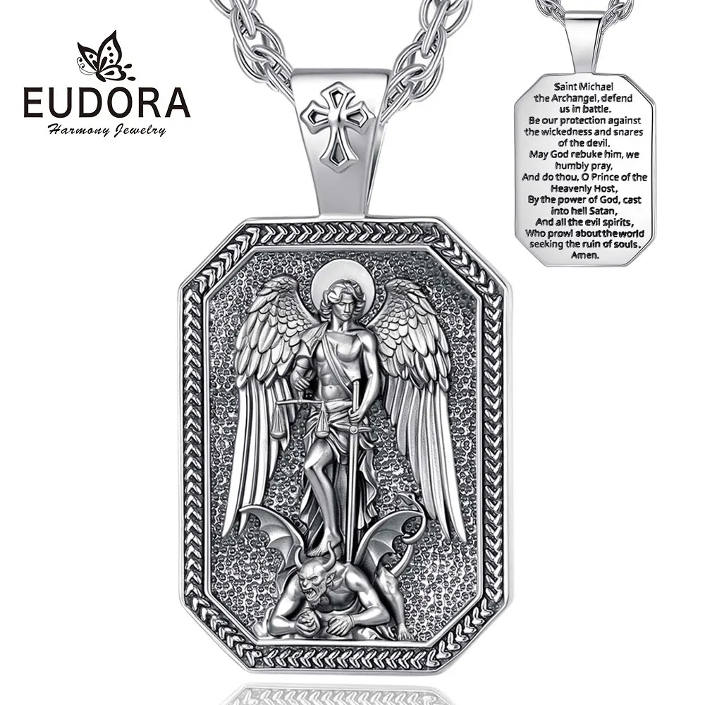 Eudora Copper Saint Michael Archangel Necklace Cross Amulet Religious Pendant Protection Jewelry Fine Gift for Man Woman