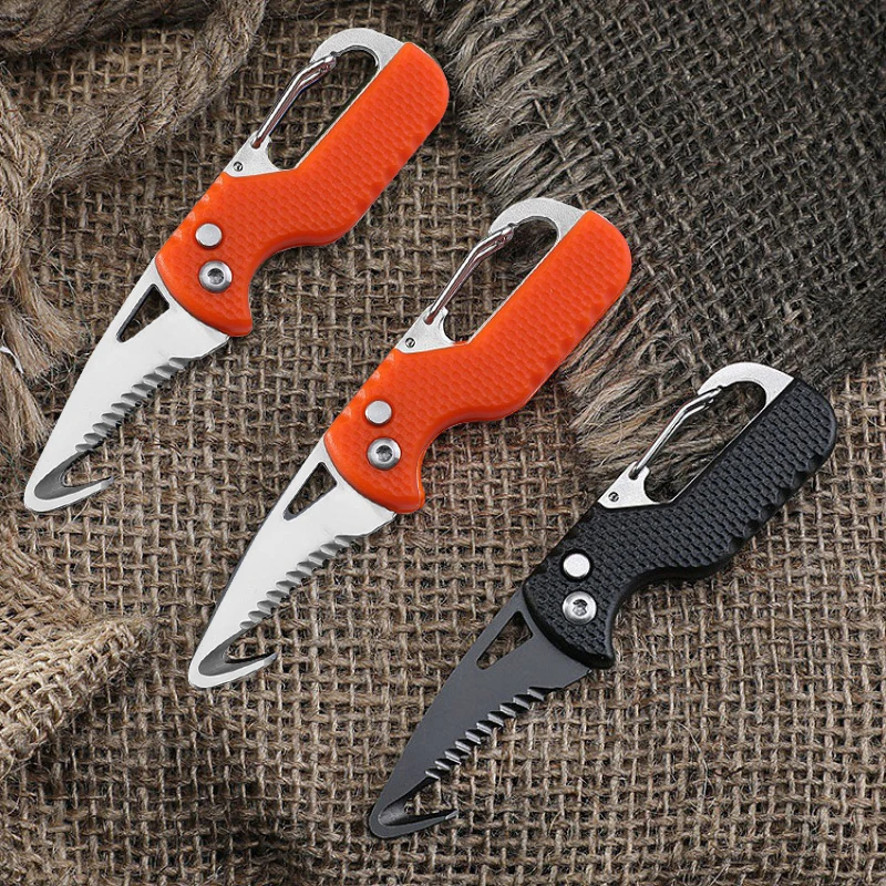 1pc Black/Orange Portable Multi-functional Parcel Knife Keychain Serrated Hook Carry-on Unpacking Emergency Survival Box Opener