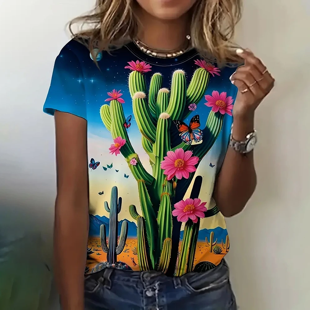 

Cactus And Flower Pattern Women's T-shirts Casual Crew Neck T-shirt Summer Fashion Short Sleeves Tops Women Clothing Streetwear