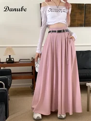 Elegant Vintage Pleated Maxi Long Skirt Women With Belt Harajuke Korean Preppy Style High Waist Slim A-Line Skirt Mujer De Moda