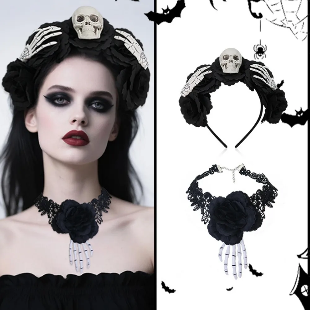 Halloween Gothic Skeleton Hands Black Rose Horror Scarf Cosplay Masquerade Party Headband