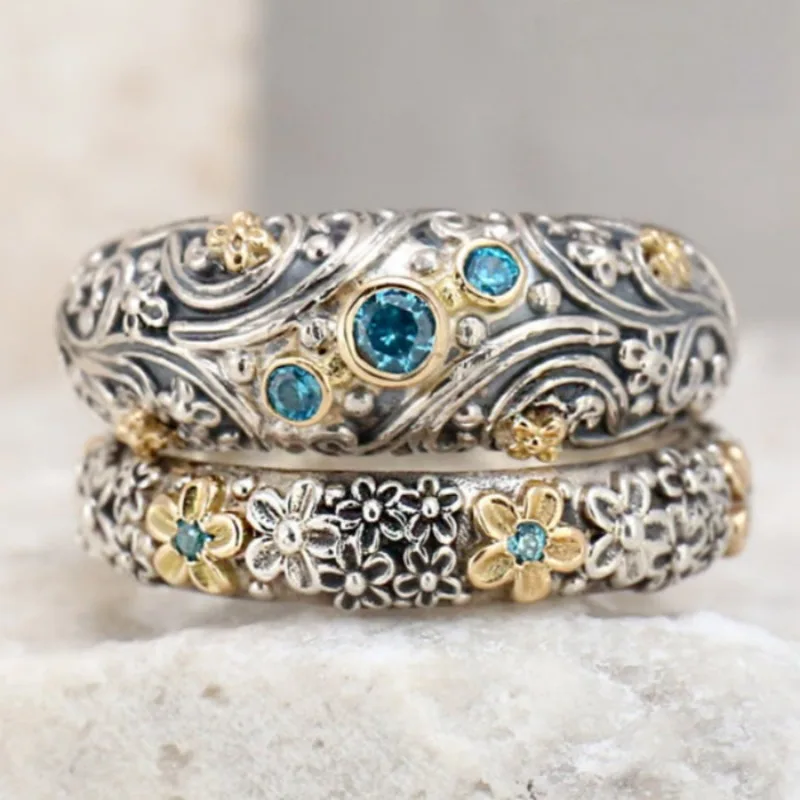 Vintage Inlaid Sea Blue CZ Flower Women's Ring Ethnic Two Color Hand Carving Daily Wear Party Jewelry Anniversary Gift