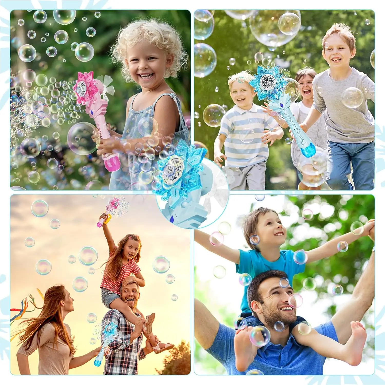 VATOS baguettes à bulles X2 pour enfants, souffleur de bulles de flocon de neige automatique, Machine à bulles légère et musicale avec 2 moulin à vent, jouet d'extérieur pour filles et garçons