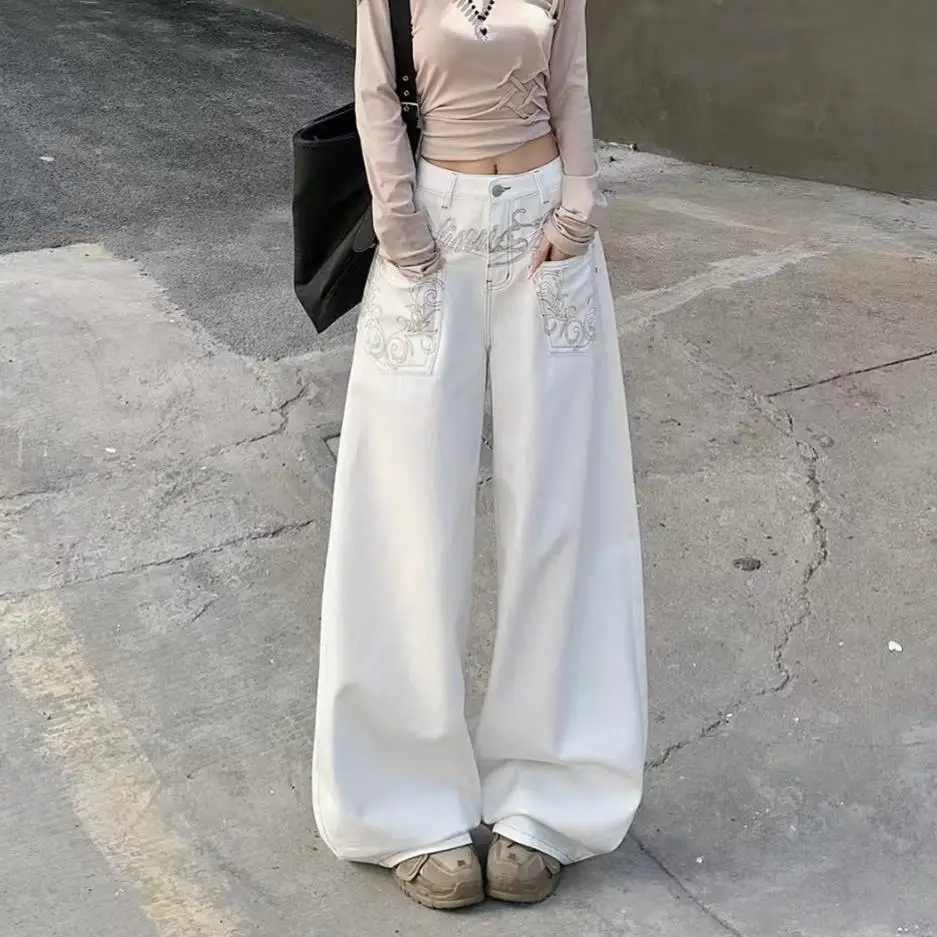 Y2K Curved Knife Jeans American Retro Letter Embroidery Deconstruct Misaligned Pockets Personalized Design Sense Banana Pants