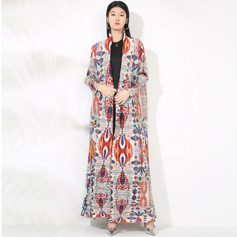 Abaya Miyake Pleated Fashion Printing Long Trench Coat Women 2025 Spring New Lapel Loose Big Yards Long-sleeved Stretch Robe