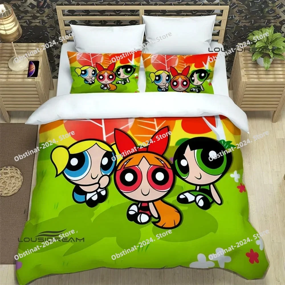 3D P-Powerpuff-Girls Cartoon Bedding Set Printed Bed Set Duvet Cover Sheet Pillowcase Bed Soft Quilt Cover Full Queen King Size