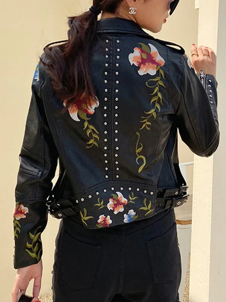 Women Vintage Floral Print Embroidery Short Black Pu Faux Leather Jacket Spring Autumn Female Zipper Coat Retro Outwear 2025