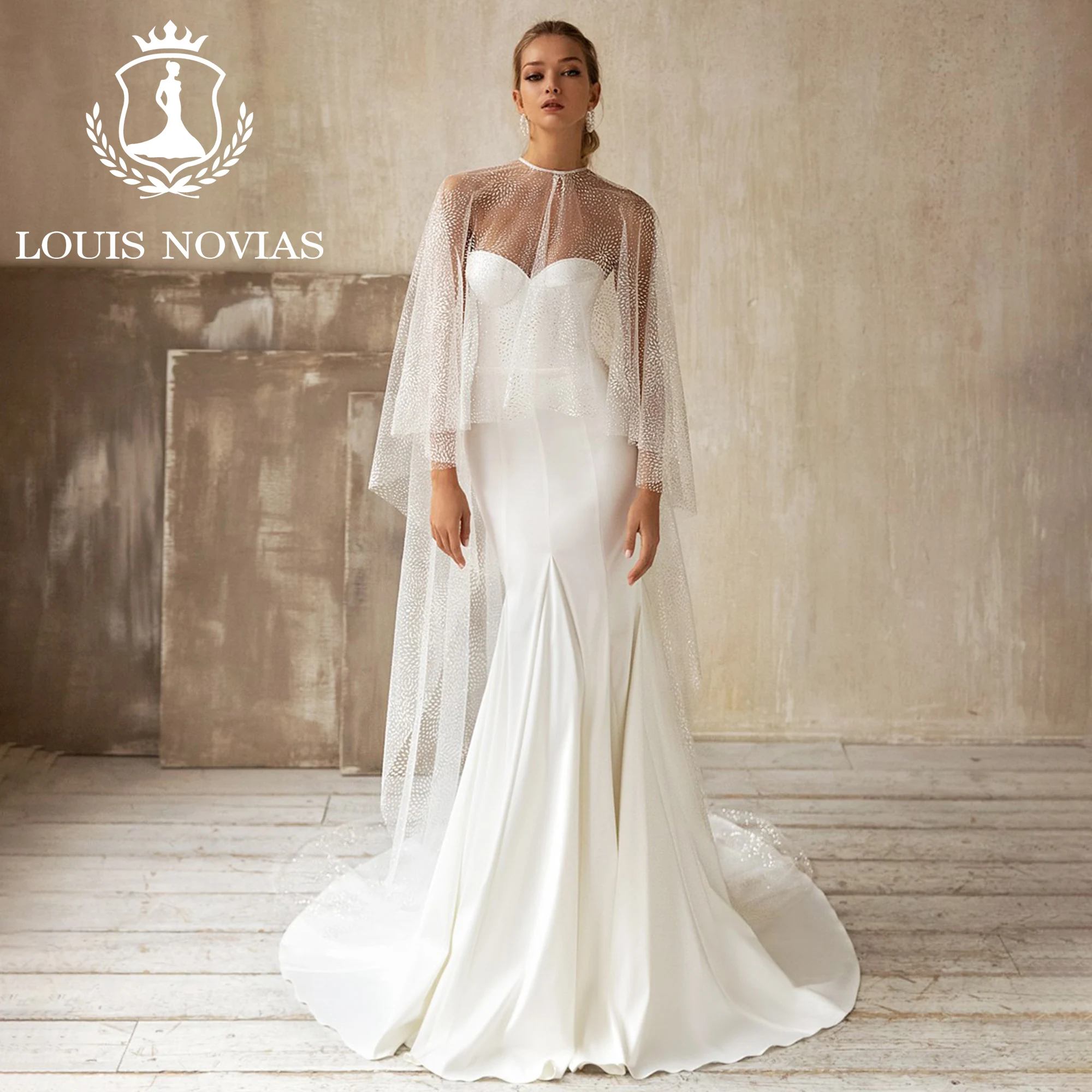 LOUIS NOVIAS Mermaid Wedding Dress With Jacket Sexy Charming Strapless Glitter Tulle Sheath Satin Wedding Gown Vestidos De Novia