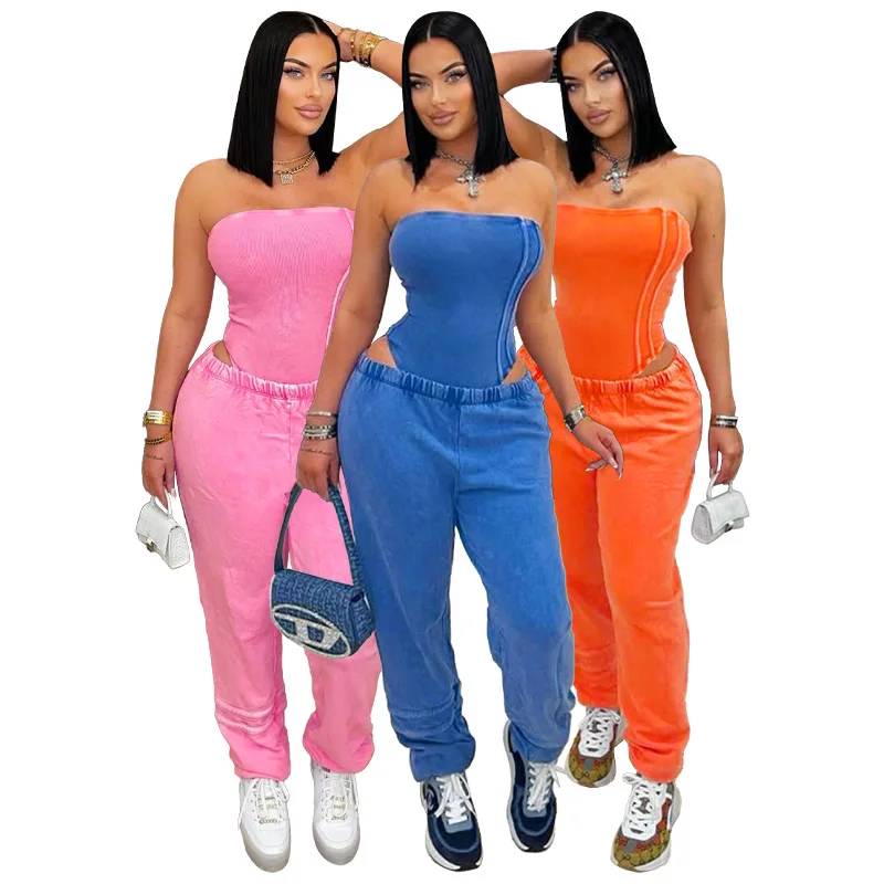 

Bodysuit Women 2 Piece Sets Strapless Bodycon Pants Sexy Sleeveless Tracksuit 2025 Summer Outfits Sport Trousers Ensemble