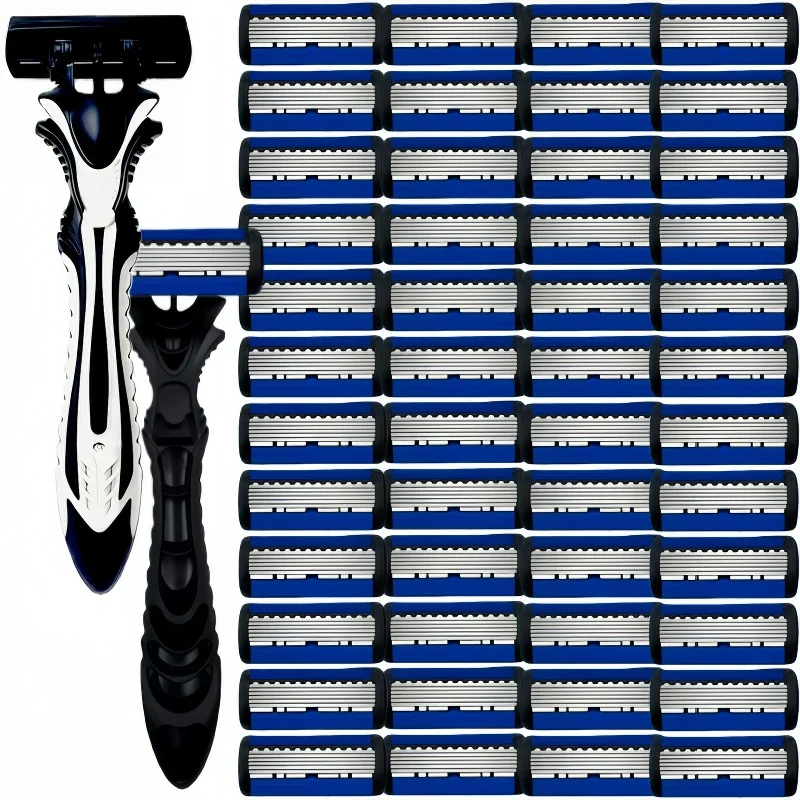 Men 6Manual Multi-Layer Razor with Durable Stainless Steel Blades, Portable Shaving Tool (1 Handle + 3/6/12 Six-Layer Blade)