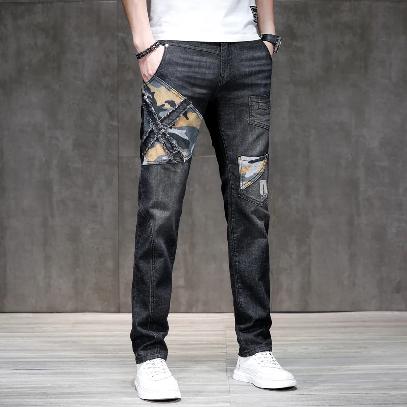 

Camouflage Stitching Jeans Men's Motorcycle Style Street Personality Design Slim Fit Skinny Stretch Pants2024New