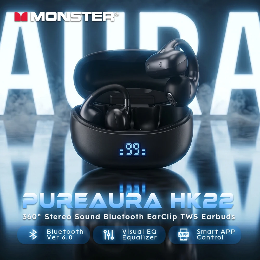 Monster Aura HK22 OWS Ear Clip Headphone HiFi Stereo Music Bluetooth 6.0 Earphones Custom EQ TWS Wireless Sport Earbuds with APP