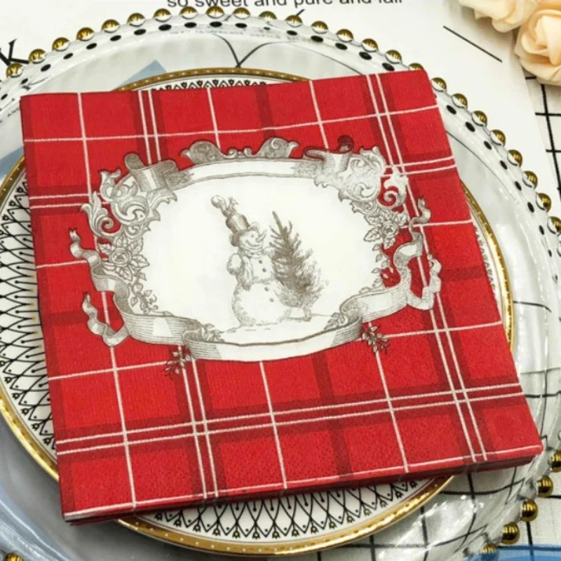 ColorfulPrinted Napkins Christmas Plaid Cartoon Snowman Christmas Festival Party Tissue Paper Wine Glass Folding Paper wholesale