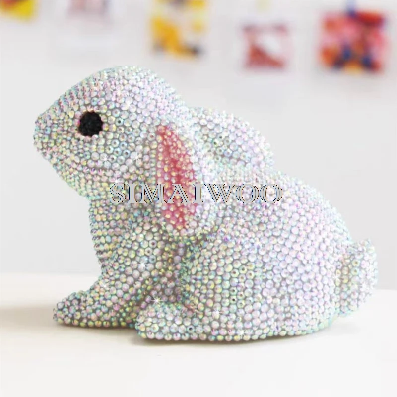 DIY Rhinestone Rabbit Night Lamp Bling-bling Animal Statue Shiny Crystal Home Exhibition Handcraft Cross Stitch Luxury Kid Gift