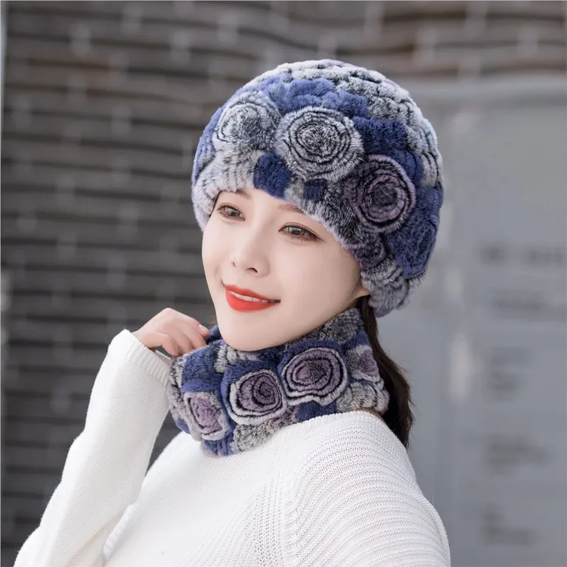 Women's autumn and winter warm hats all-in-one fur ear-protecting knitted scarf sets
