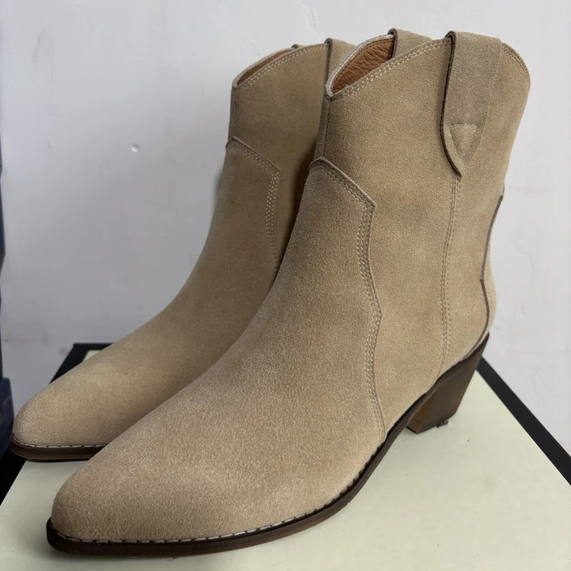 Size 34-43 Cow Suede Leather Western Boots Women Autumn Winter Cowboy Boots Quality Handmade Ankle Boots For Women Shoes New
