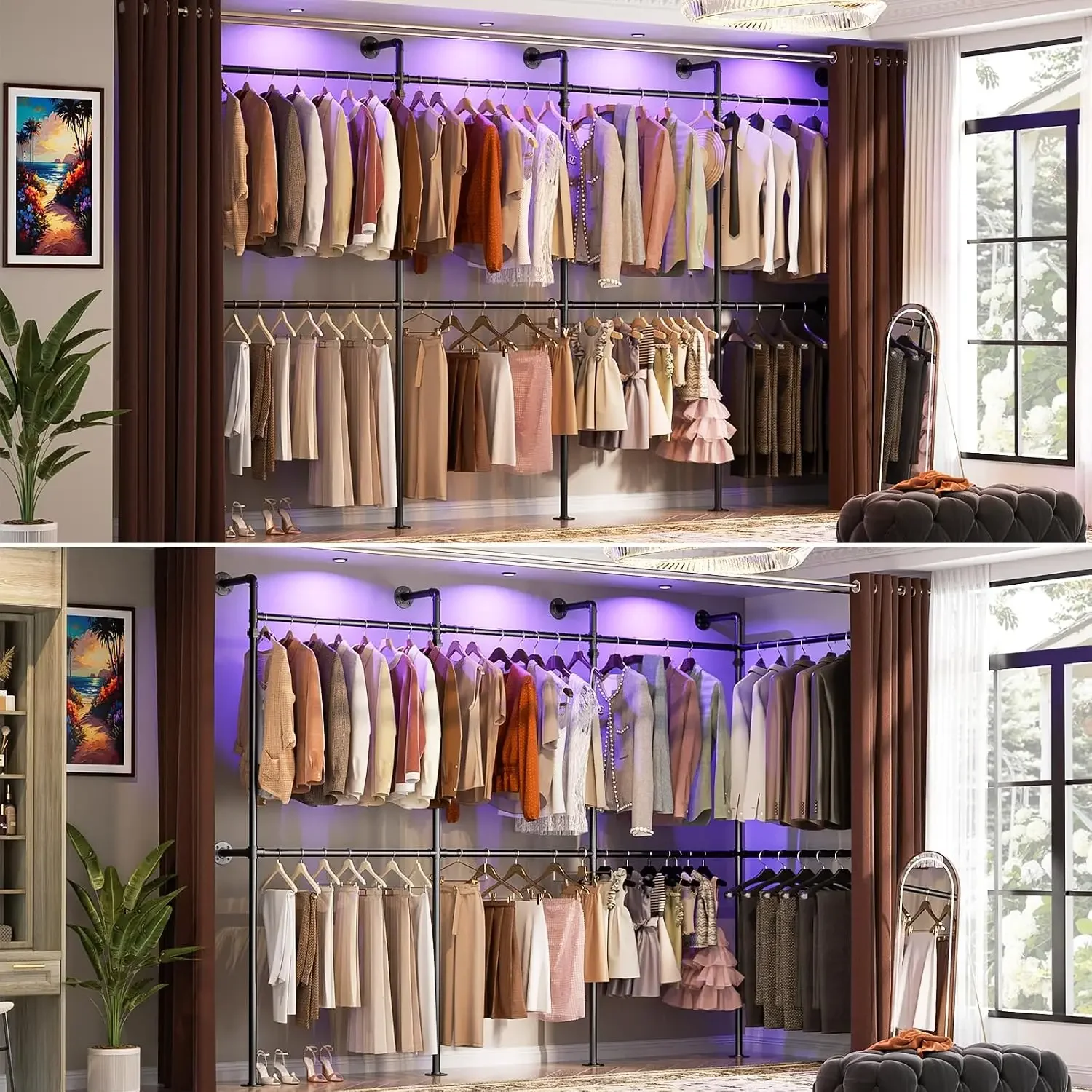 Industrial Pipe Clothing Rack, Reversible 13FT Clothes Rack for Hanging Clothes, Heavy Duty Garment Racks, Wall Mounted Closet W