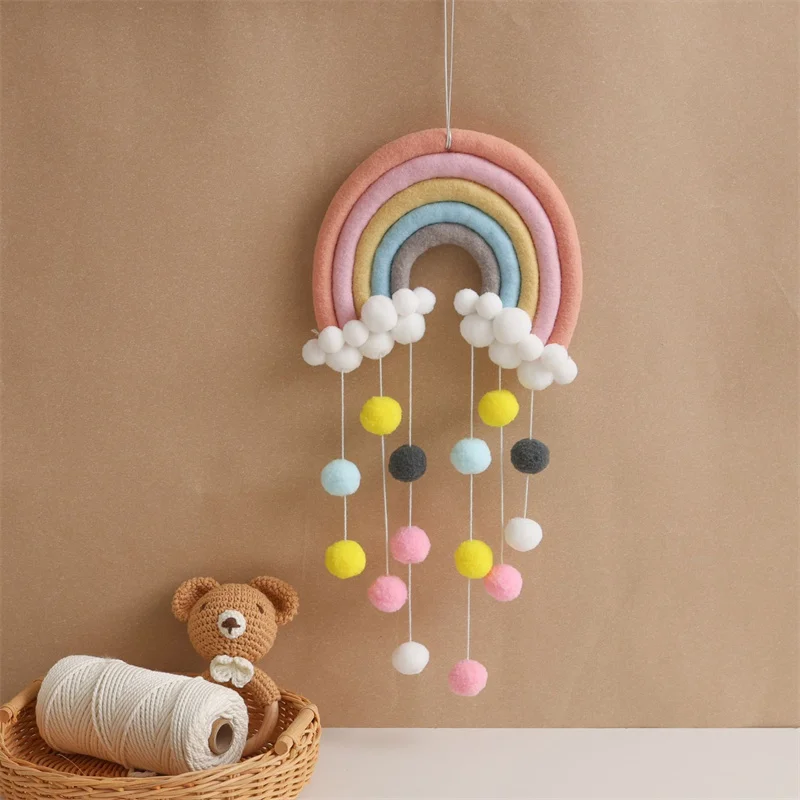 Nordic Felt Woven Rainbow Hair Balls Garland String Wall Hanging Pendant Baby Tent Kids Room Ornaments Nursery Decor Photo Props