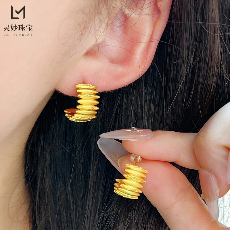 

9999 24K real gold luxury jewelry folded semi-round earrings Galaxy silk irregular earrings for girlfriend