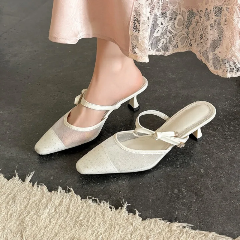 Summer Luxury Organza Flat Sandals Women's Small Size Girls Slip-on Fashion Slipper British Style High Heel Party Dress Shoes