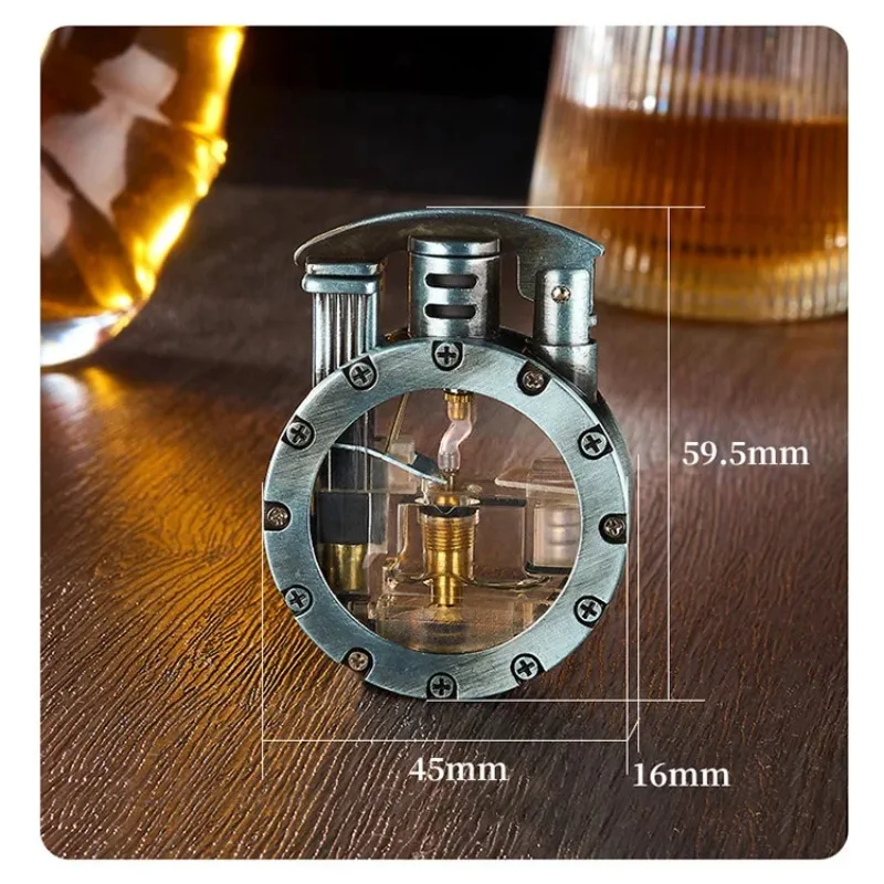 New Metal Rocker Arm Butane Torch Lighter Round Shape Retro Large Capacity Transparent Luminescent Tank Gas Lighter