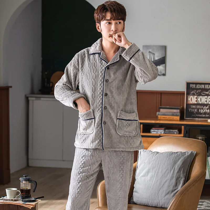 Winter Pajama Man Flannel Warm Home Clothes Coral Fleece Sleepwear Thick Warm Nightwear Large Size Button Cardigan Pyjamas Male