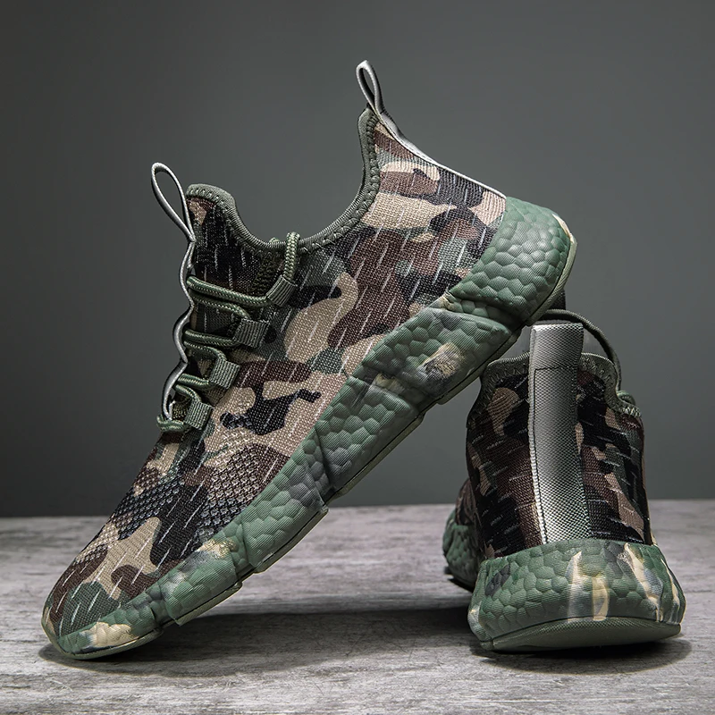 Army Green Camouflage Casual Shoes Women Men Sneakers Outdoor Low Top Sock Shoes Mesh Thick Soled Cushioning Size 36-46