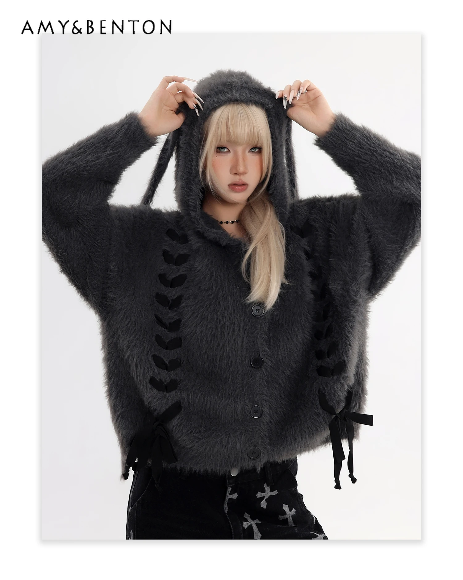 2025 خريف شتاء جديد أرنب الأذن تصميم معطف بقلنسوة سترة معطف لطيف نمط الحلو لينة فضفاضة فتاة سترة رمادية