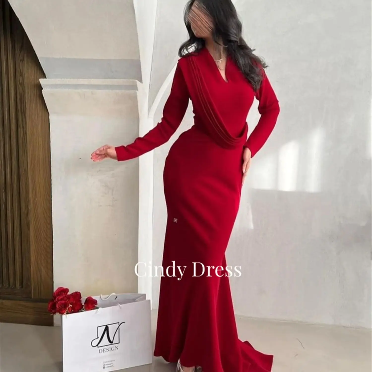 

Cindy Red Mermaid Long Sleeve Woman Elegant Dress Luxury Evening Dresses Party Women Formal Womens Celebrity Bride Gala Prom New