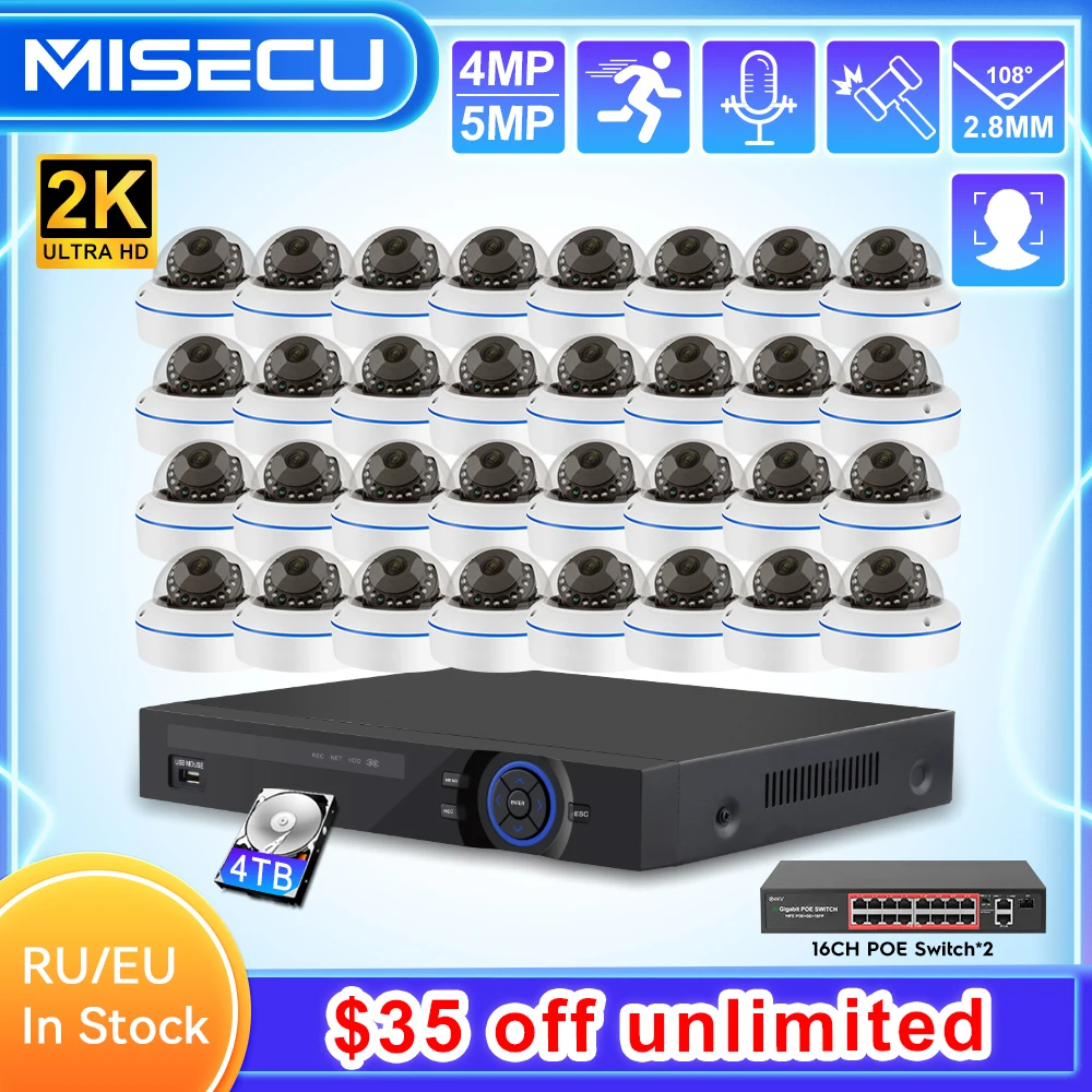 

MISECU 36CH 4MP 5MP POE Security Camera System Vandalproof IP Camera Audio Record Face Detection H.265 CCTV Video Surveillance