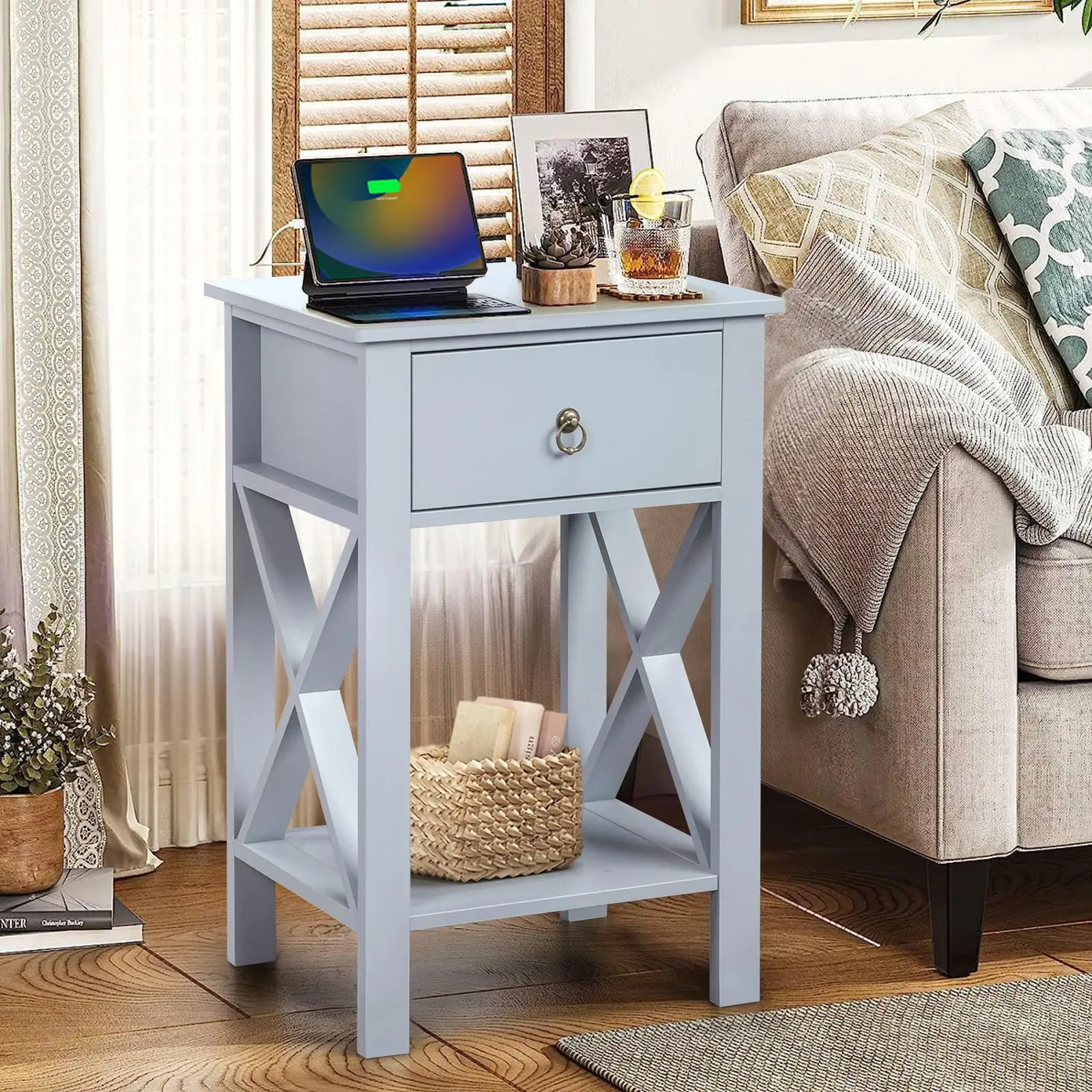 Gray Two-Layer Drawer Bedside Table & Coffee Table with Side Intersection Design