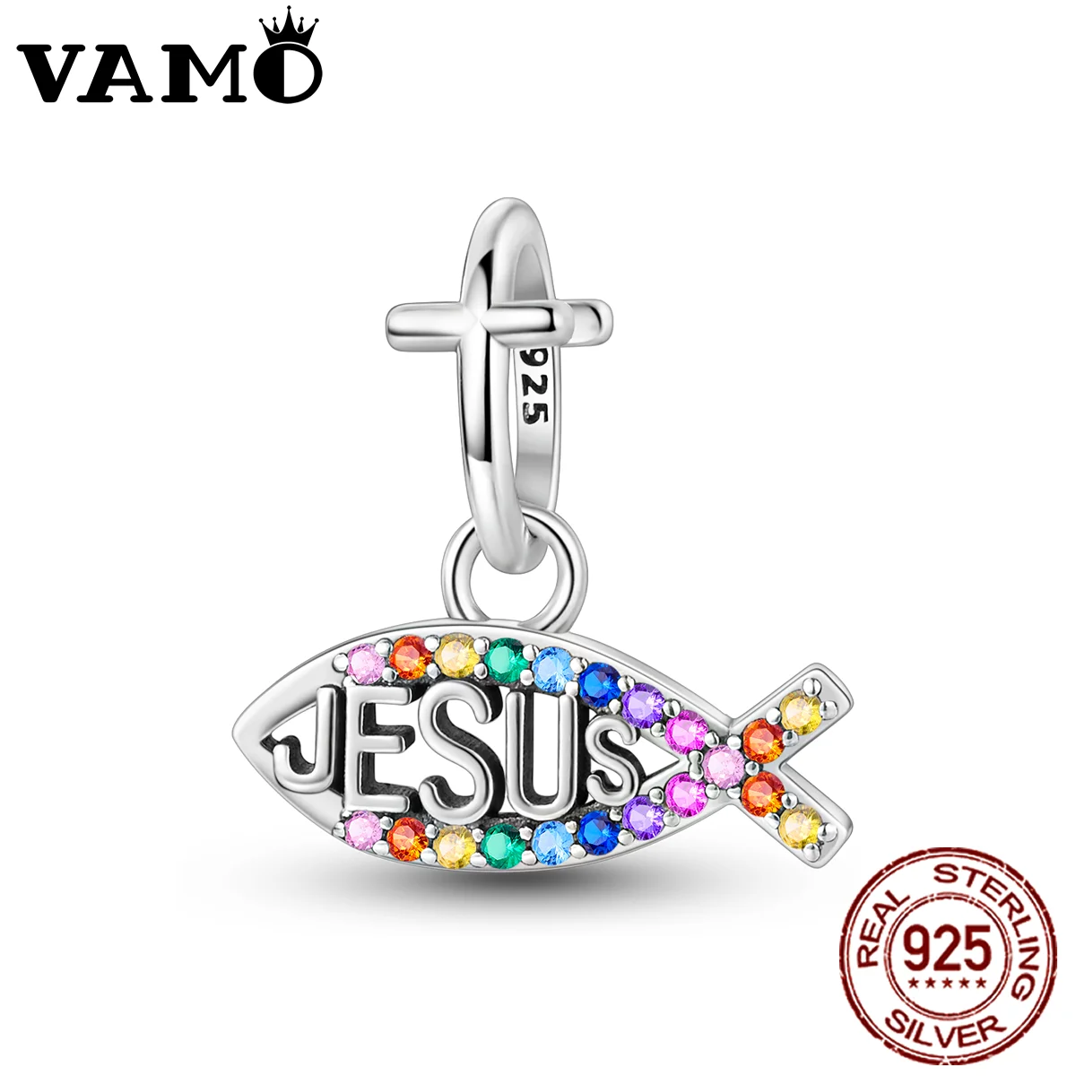 VAMO 100% Real 925 Sterling Silver Charms Bead CZ Zircon Holy Light Jesus and Fish Pendants Fit Original Bracelet DIY Marking