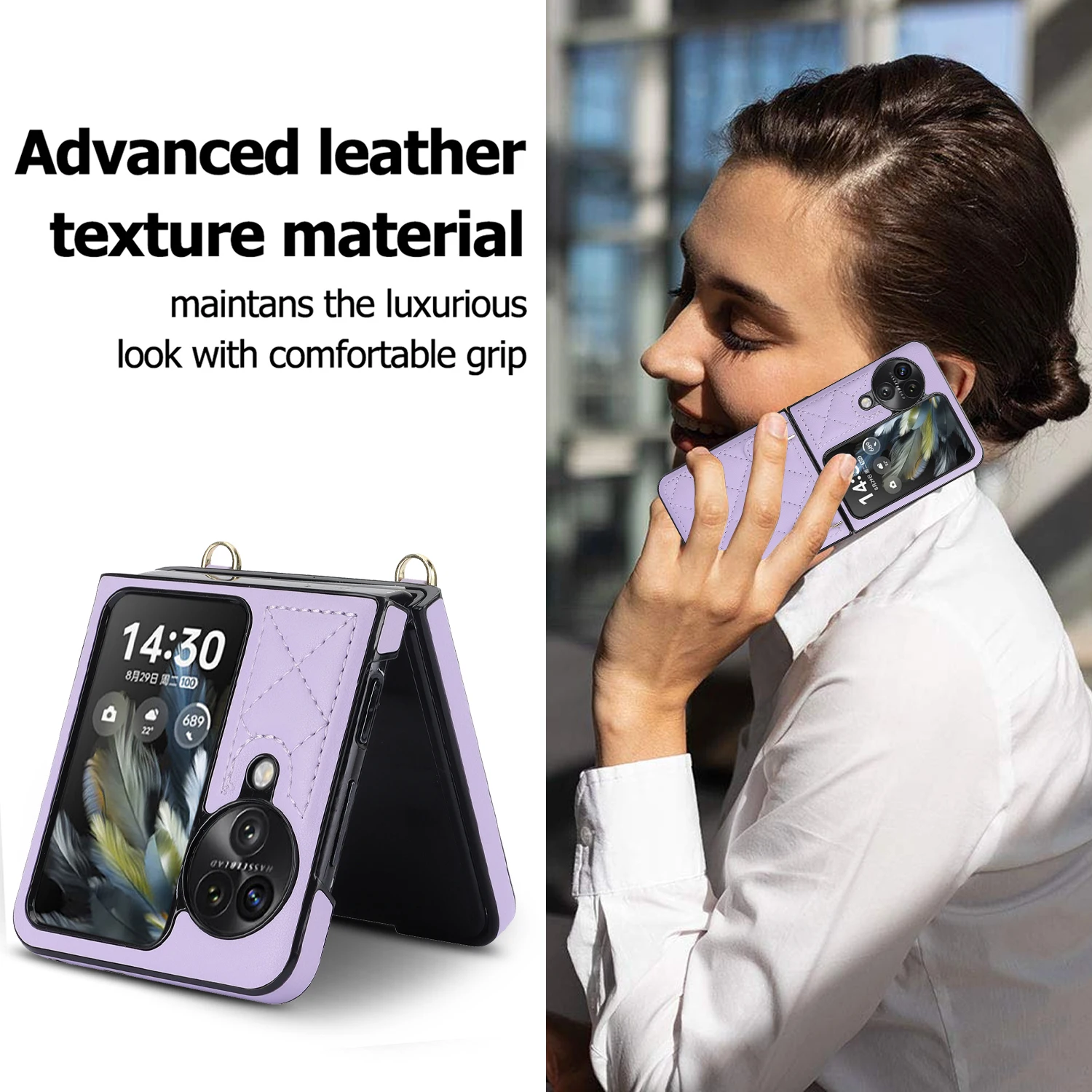 Luxury Leather Wrist Strap Phone Case for OPPO Find N2 N3 Flip with Protection Shockproof Adjustable Lanyard Cover Woman