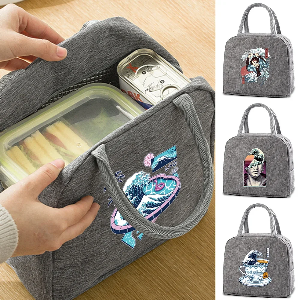 

Insulated Cooler Dinner Lunch Bags Wave Pattern Printing Canvas Bento Bag Tote School Thermal Picnic Food Storage Pouch Handbags