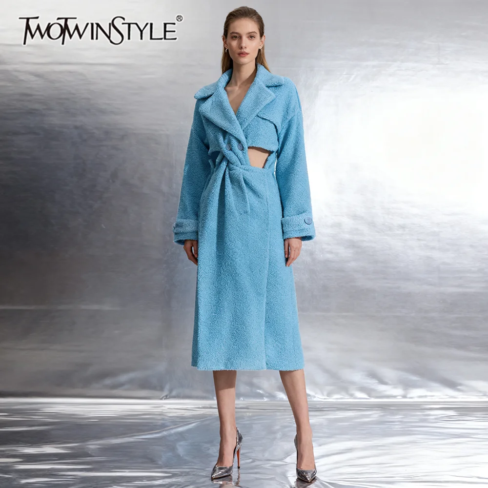 

TWOTWINSTYLE Solid Hollow Out Design Sense Coats for Women Lapel Long Sleeves Patchwork Folds Fashion Coat Female Autumn Clothes
