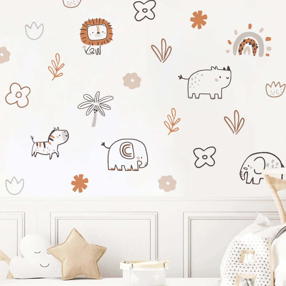 Boho Cartoon Cute Animals Lion Elephant Wall Sticker Nursery Vinyl Children's Wall Art Decals for Baby Kid Room Home Decoration