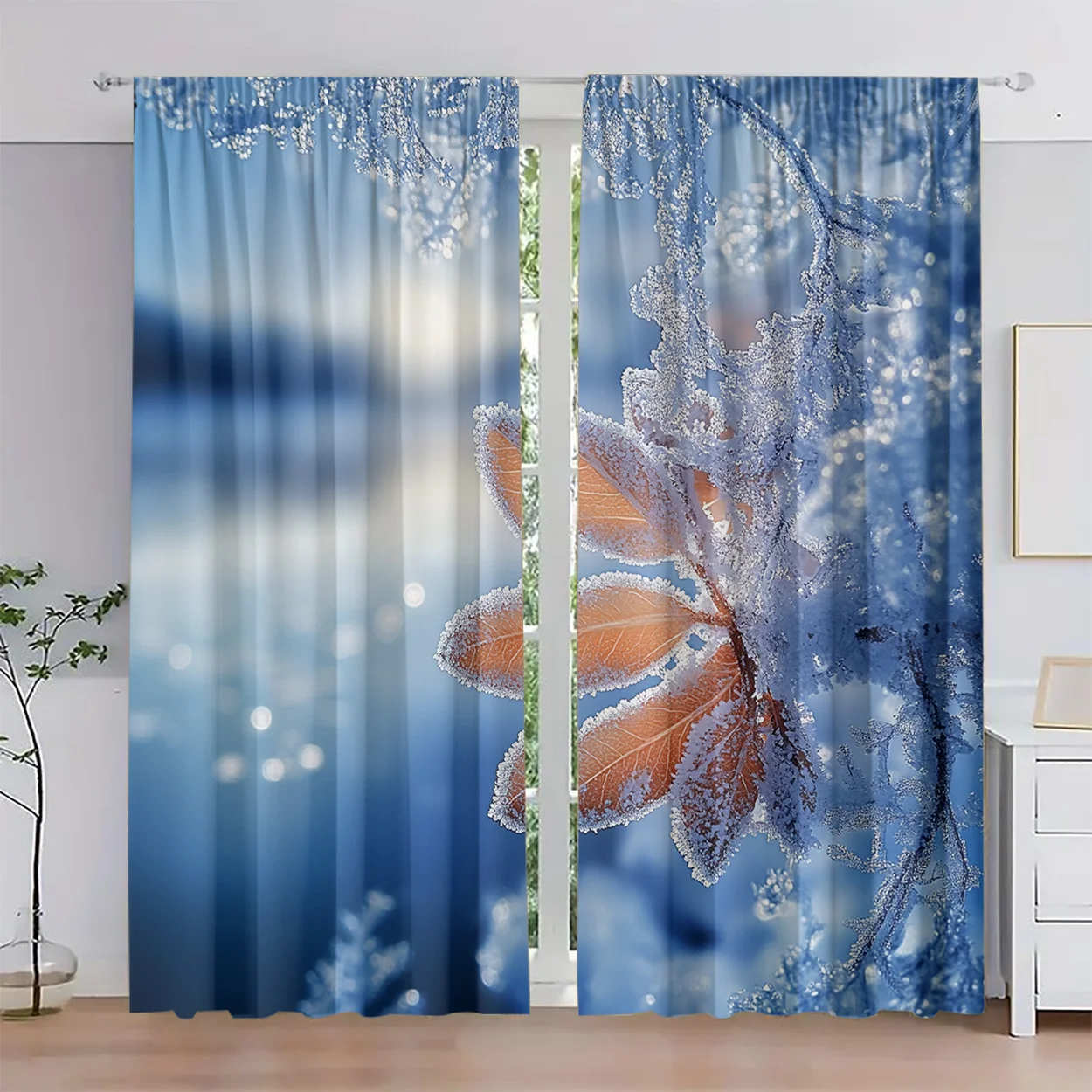 Frost Leaf Winter Bokeh Curtain 2 Panels, Ice Crystal Twig Frozen Foliage Soft Blue Gradient Print, Drapes for Bedroom Curtain