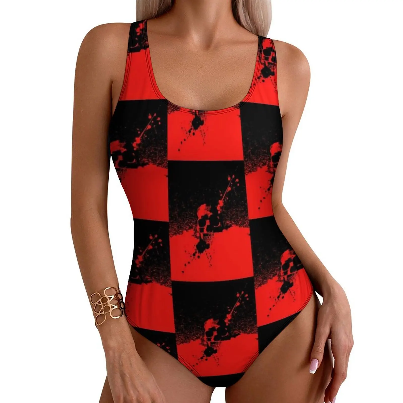 

Two Tone Macabre Swimsuit Sexy Gothic Black And Red Swimwear One Piece Fashion Swimsuits Sport Push Up Hollow Out Bathing Suit