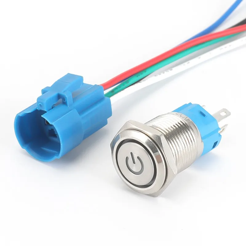 16mm Stainless Steel Metal Push Button Switch, IP67 Waterproof, Momentary/Latching with LED Power Symbol