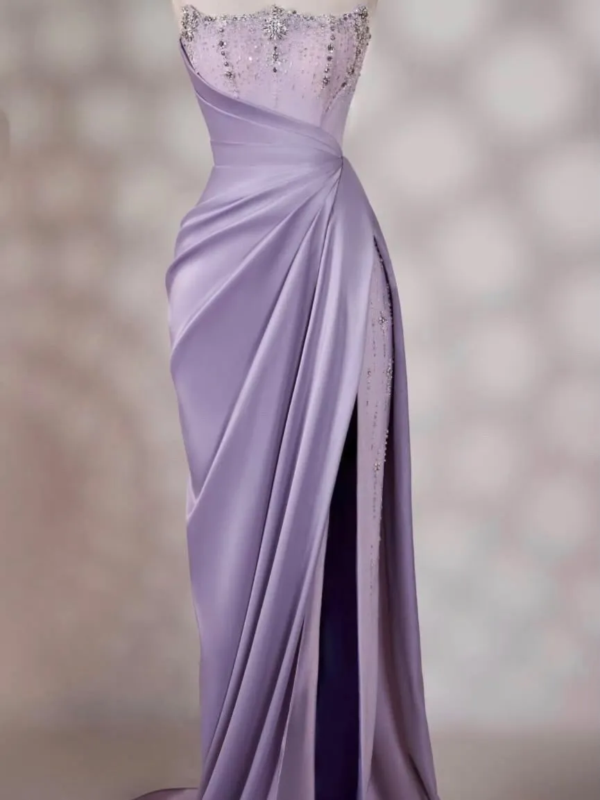 Ainten Formal Gown Strapless Prom Dresses Beading On Chest Evening Dresses with High Split Modern Style Ruched Customized