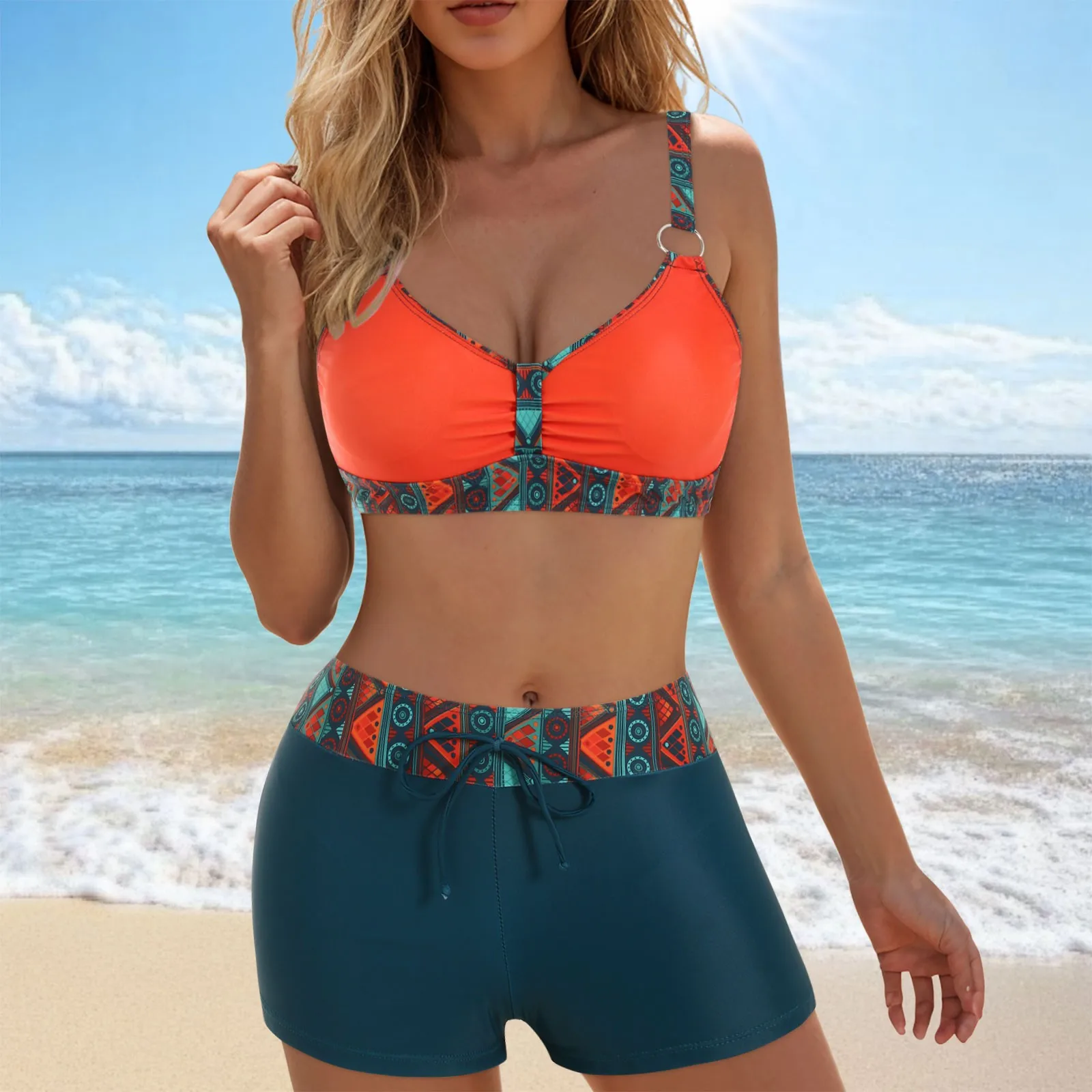

Women Sexy Push Up Bikini Set Vintage Printed Color Block High Waisted Two Piece Summer Beach Vintage Swimsuit Tummy Control
